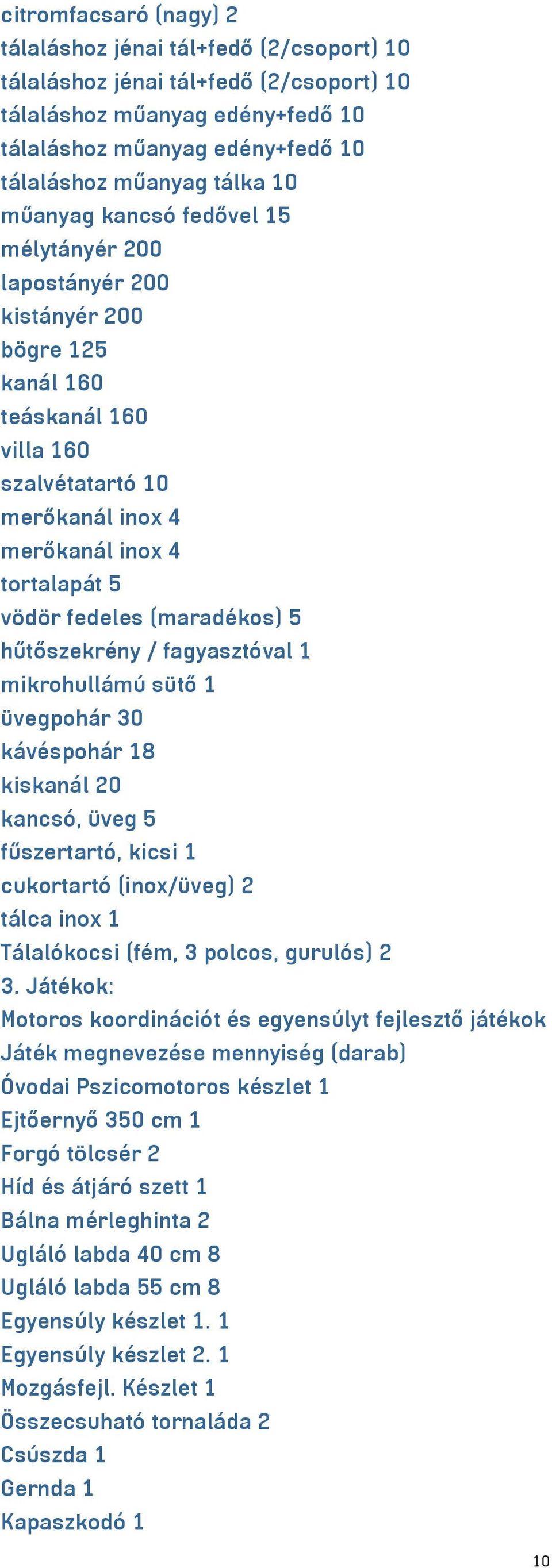 (maradékos) 5 hűtőszekrény / fagyasztóval 1 mikrohullámú sütő 1 üvegpohár 30 kávéspohár 18 kiskanál 20 kancsó, üveg 5 fűszertartó, kicsi 1 cukortartó (inox/üveg) 2 tálca inox 1 Tálalókocsi (fém, 3