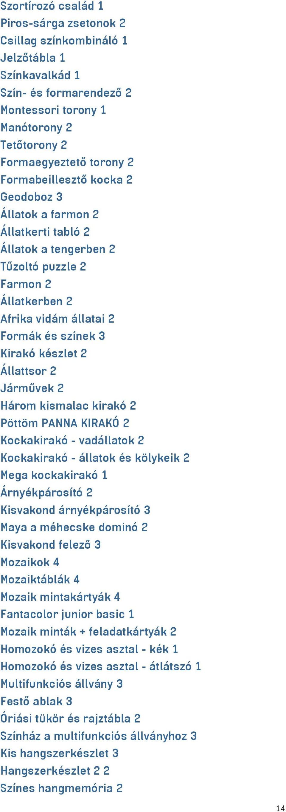 Állattsor 2 Járművek 2 Három kismalac kirakó 2 Pöttöm PANNA KIRAKÓ 2 Kockakirakó - vadállatok 2 Kockakirakó - állatok és kölykeik 2 Mega kockakirakó 1 Árnyékpárosító 2 Kisvakond árnyékpárosító 3 Maya