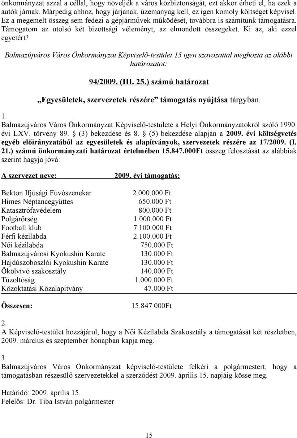 Balmazújváros Város Önkormányzat Képviselő-testület 15 igen szavazattal meghozta az alábbi határozatot: 94/2009. (III. 25.