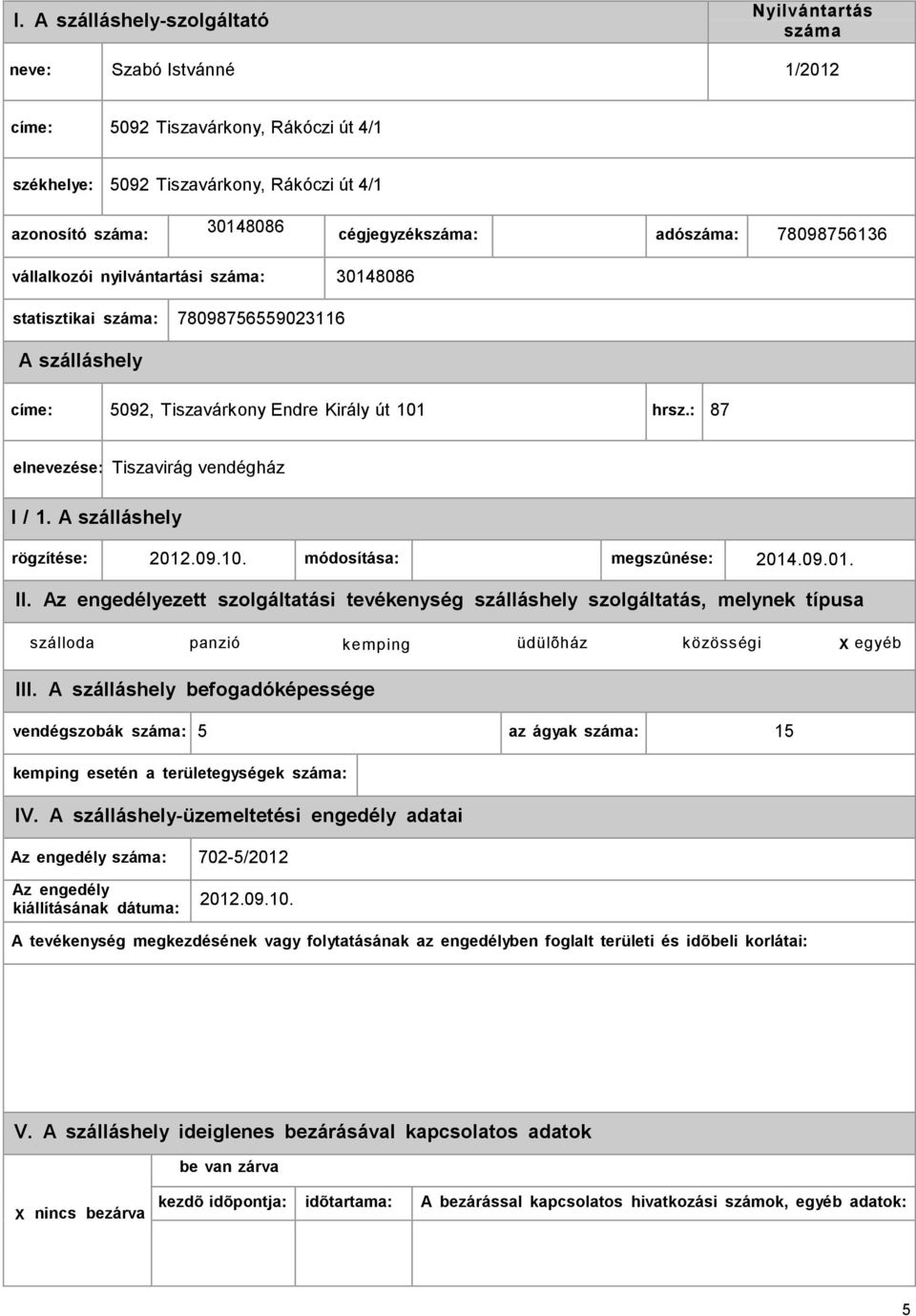 Király út 101 hrsz.: 87 elnevezése: Tiszavirág vendégház I / 1. rögzítése: 2012.09.10. módosítása: megszûnése: 2014.09.01. II.