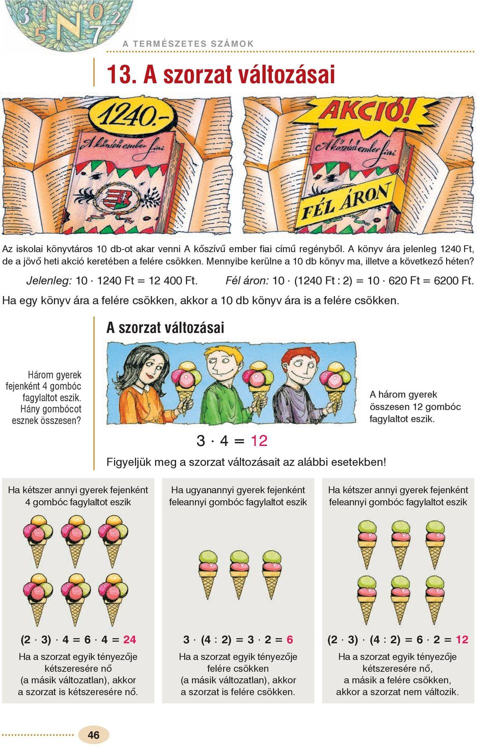 Fél áron: 10 (1240 Ft : 2) = 10 620 Ft = 6200 Ft. Ha egy könyv ára a felére csökken, akkor a 10 db könyv ára is a felére csökken. A szorzat változásai Három gyerek fejenként 4 gombóc fagylaltot eszik.