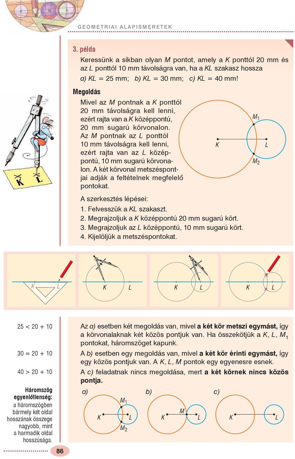 Az M pontnak az L ponttól 10 mm távolságra kell lenni, ezért rajta van az L középpontú, 10 mm sugarú körvonalon. A két körvonal metszéspontjai adják a feltételnek megfelelõ pontokat.