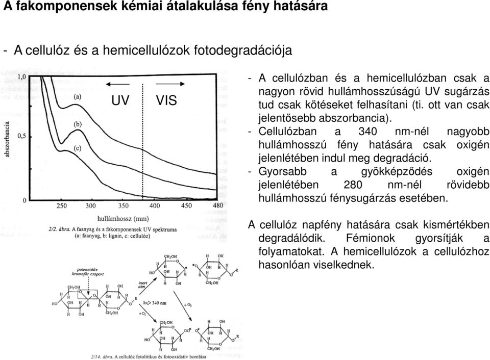 - Cellulózban a 340 nm-nél nagyobb hullámhosszú fény hatására csak oxigén jelenlétében indul meg degradáció.