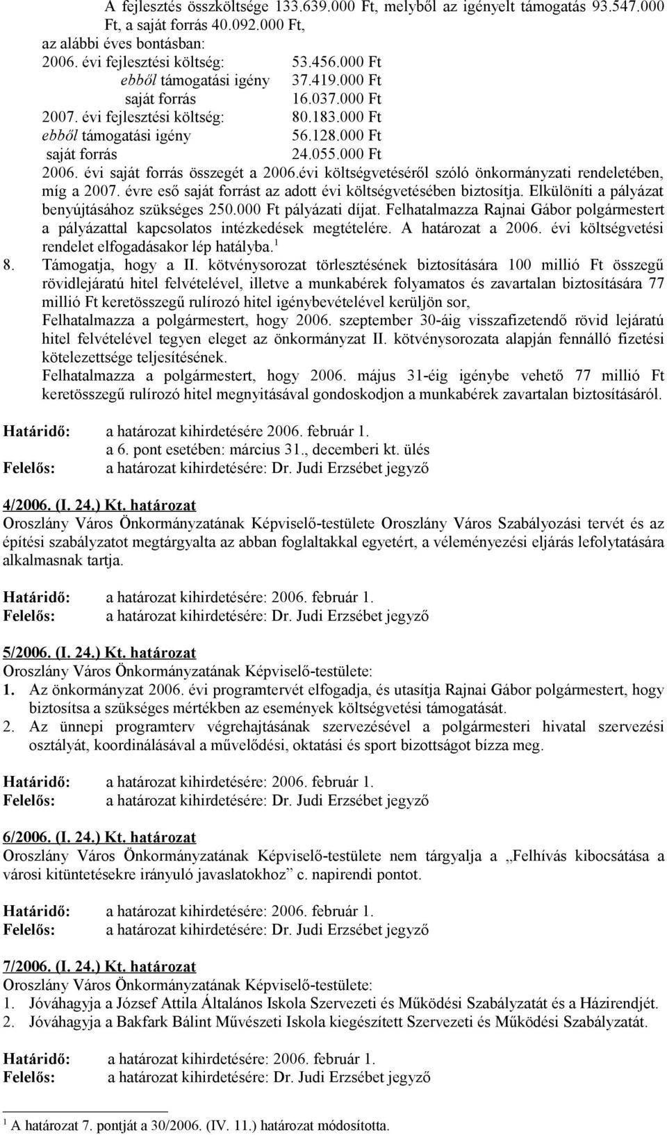 évi saját forrás összegét a 2006.évi költségvetéséről szóló önkormányzati rendeletében, míg a 2007. évre eső saját forrást az adott évi költségvetésében biztosítja.