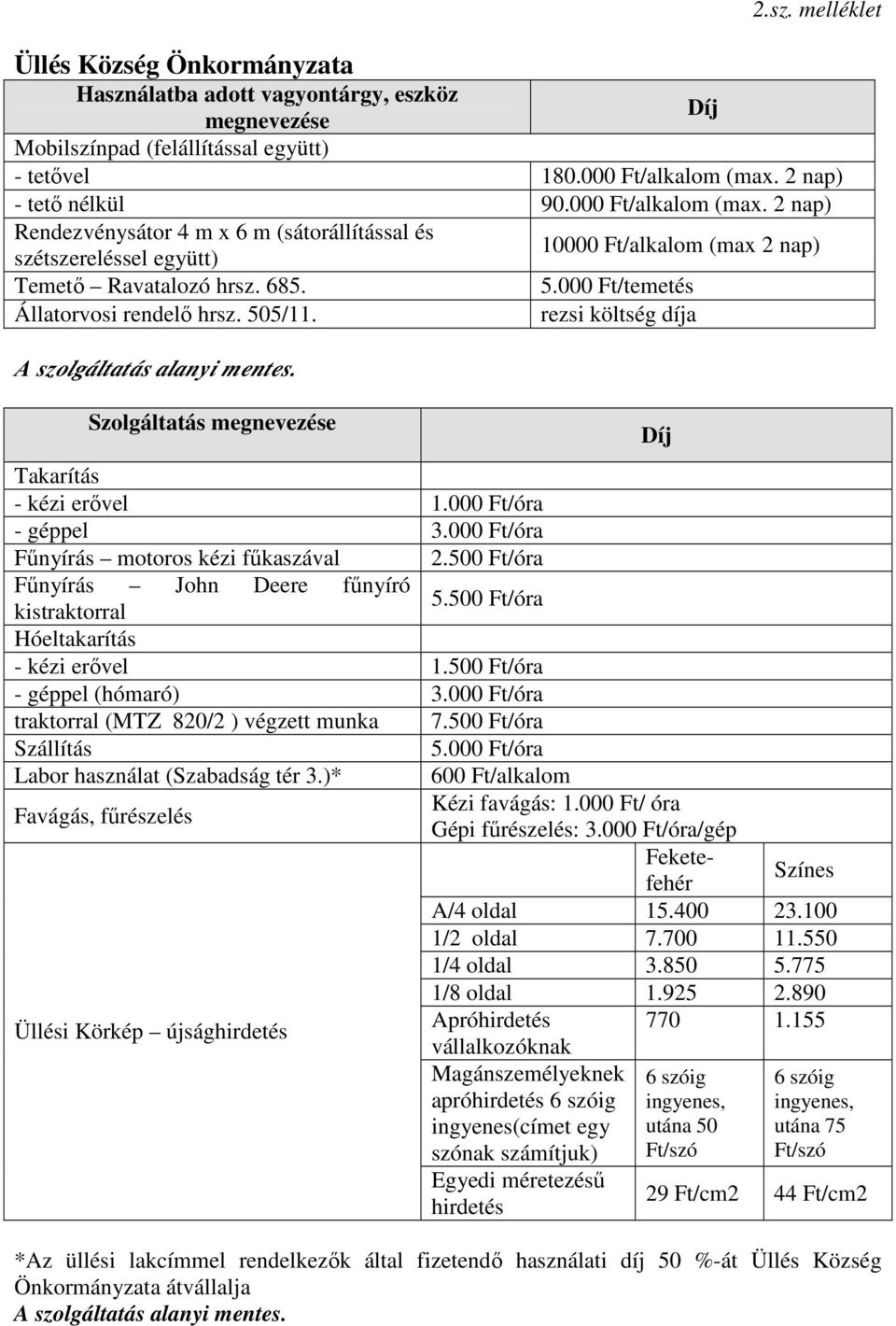 Szolgáltatás megnevezése 10000 Ft/alkalom (max 2 nap) 5.000 Ft/temetés rezsi költség díja Takarítás - kézi erővel 1.000 Ft/óra - géppel 3.000 Ft/óra Fűnyírás motoros kézi fűkaszával 2.