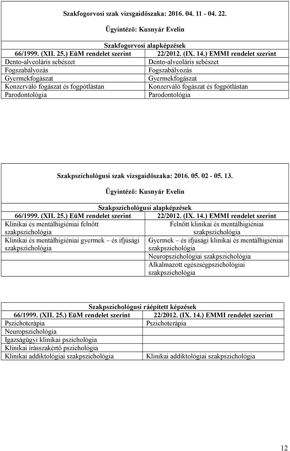 fogpótlástan Konzerváló fogászat és fogpótlástan Parodontológia Parodontológia Szakpszichológusi szak vizsgaidőszaka: 2016. 05. 02-05. 13.