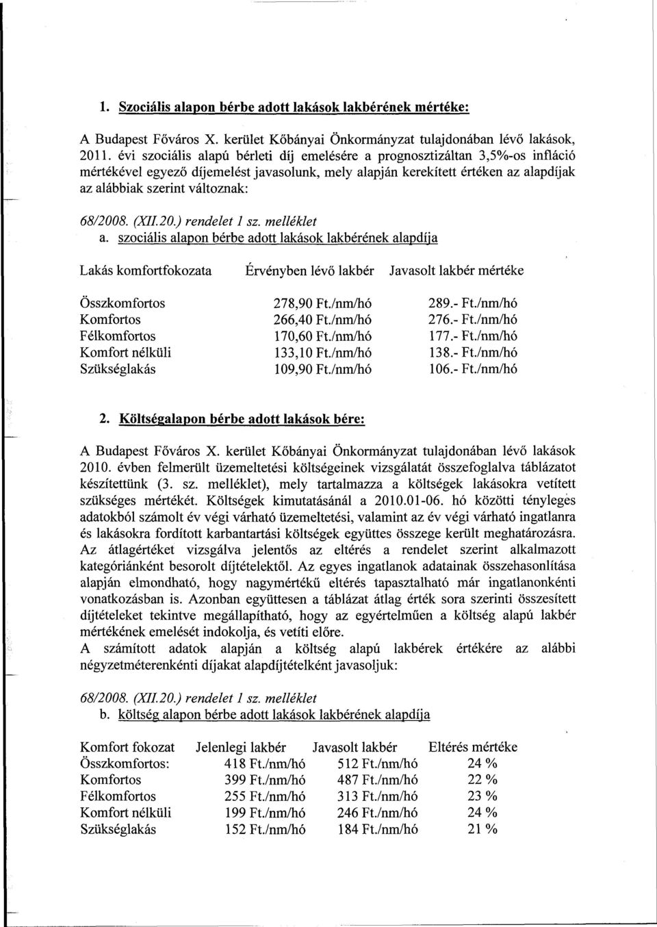 68/2008. (XII. 20.) rendelet 1 sz. melléklet a. szociális alapon bérbe adott lakások lakbérének alapdíja Lakás komfortfokozata Érvényben lévő lakbér Javasolt lakbér mértéke Összkomfortos 278,90 Ft.