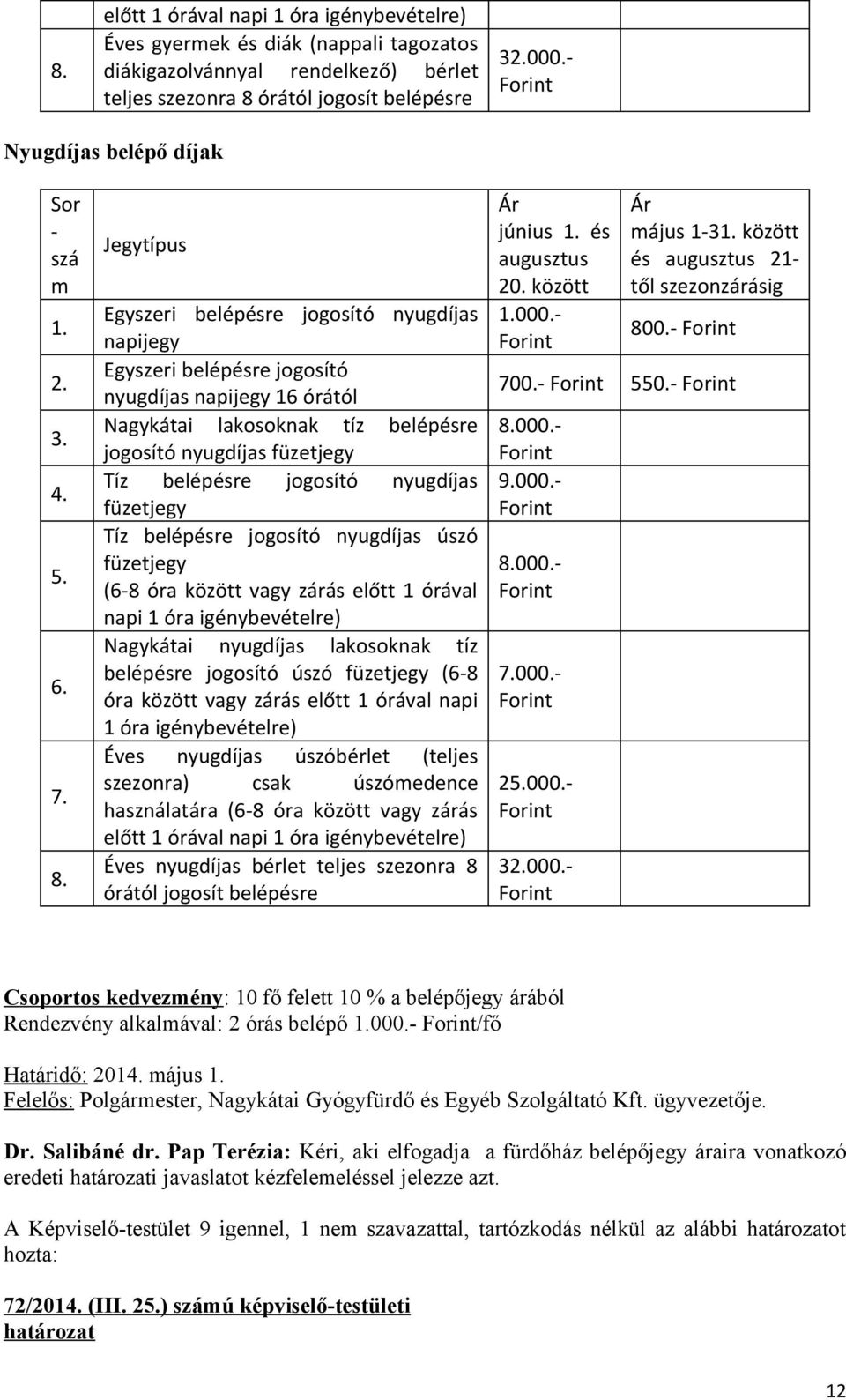 Jegytípus Egyszeri belépésre jogosító nyugdíjas napijegy Egyszeri belépésre jogosító nyugdíjas napijegy 16 órától Nagykátai lakosoknak tíz belépésre jogosító nyugdíjas füzetjegy Tíz belépésre