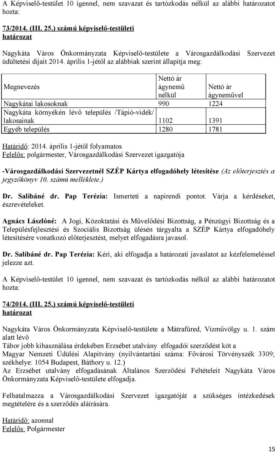 április 1-jétől az alábbiak szerint állapítja meg: Megnevezés Nettó ár ágynemű nélkül Nagykátai lakosoknak 990 1224 Nagykáta környékén lévő település /Tápió-vidék/ lakosainak 1102 1391 Egyéb