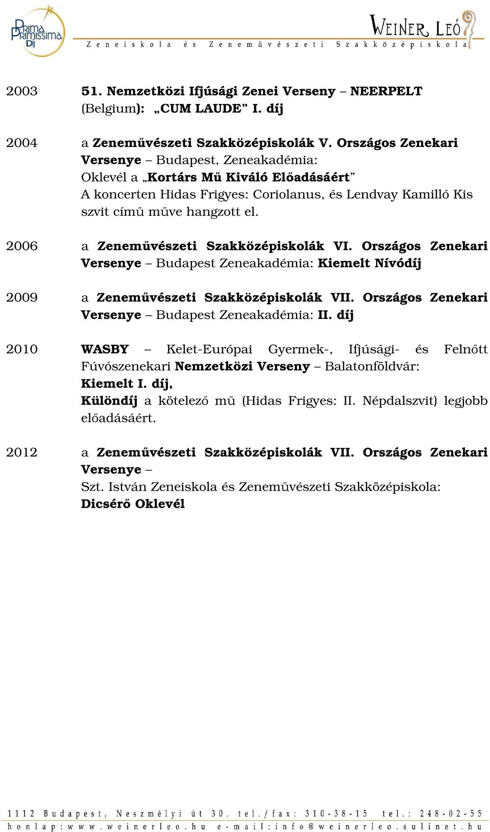 2006 a Zeneművészeti Szakközépiskolák VI. Országos Zenekari Versenye Budapest Zeneakadémia: Kiemelt Nívódíj 2009 a Zeneművészeti Szakközépiskolák VII.