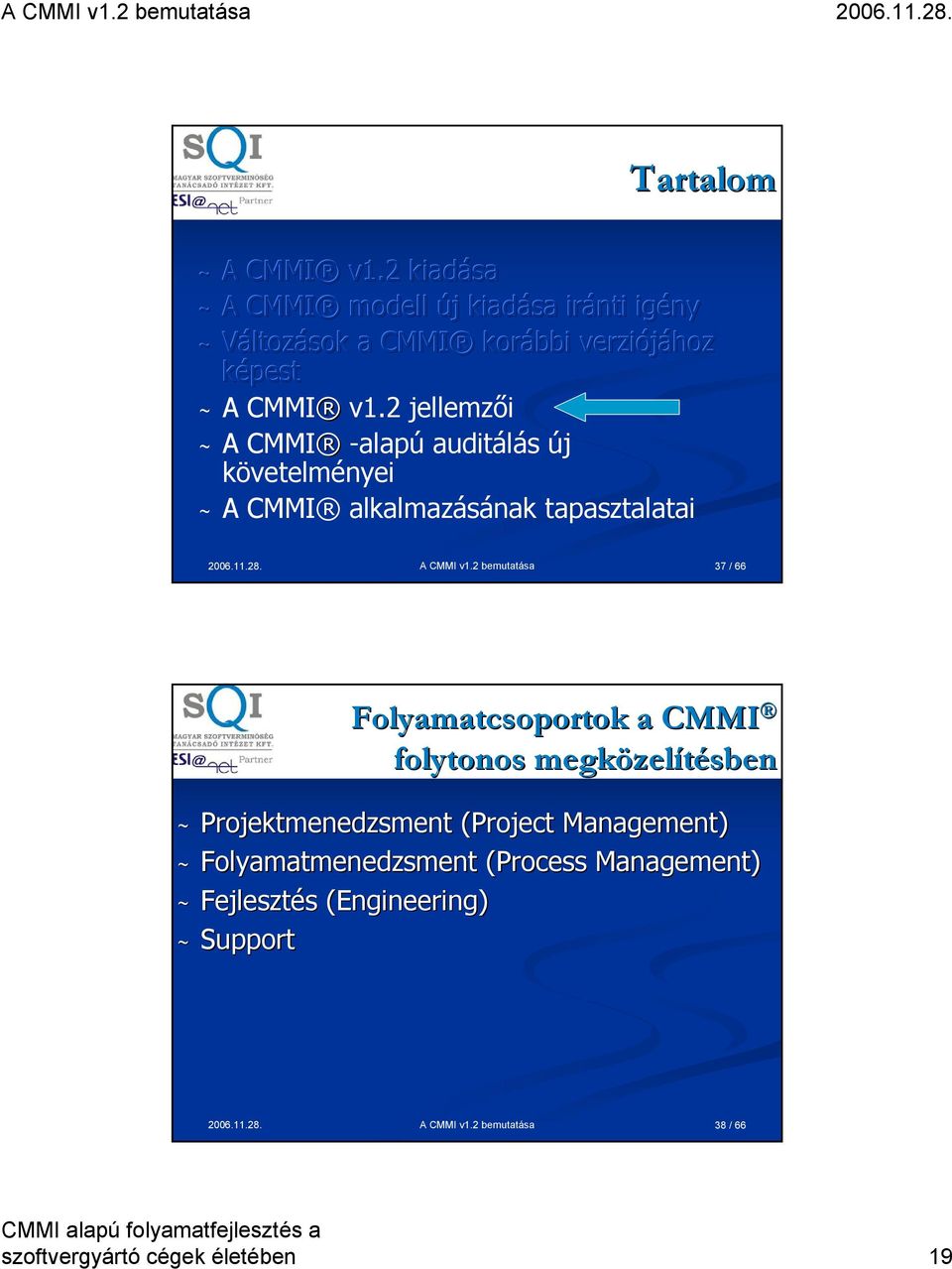 2 jellemzői ~ A CMMI -alapú auditálás új követelményei ~ A CMMI alkalmazásának tapasztalatai 2006.11.28. A CMMI v1.