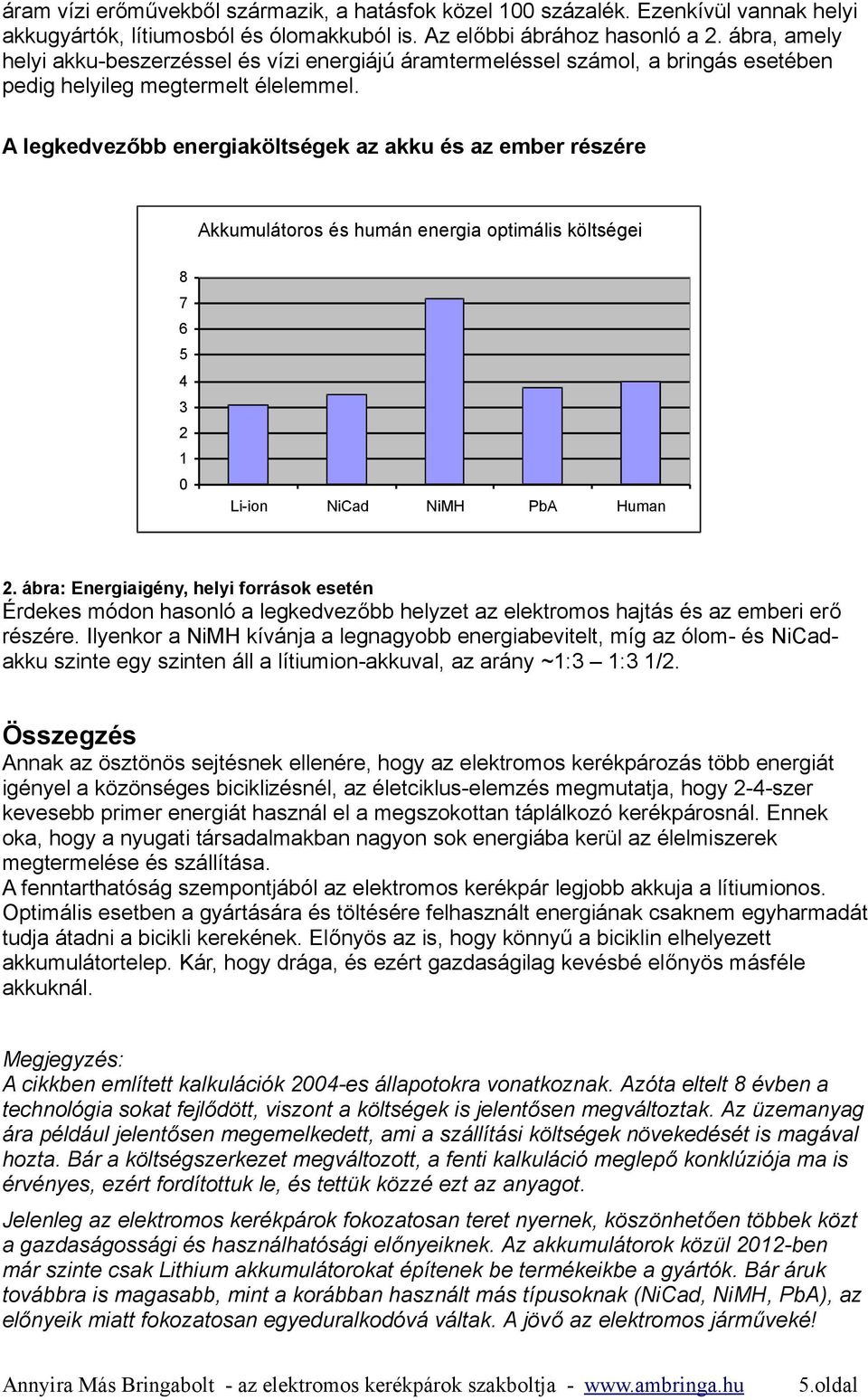 A legkedvezőbb energiaköltségek az akku és az ember részére Akkumulátoros és humán energia optimális költségei 8 7 6 5 4 3 2 1 0 Li-ion NiCad NiMH PbA Human 2.