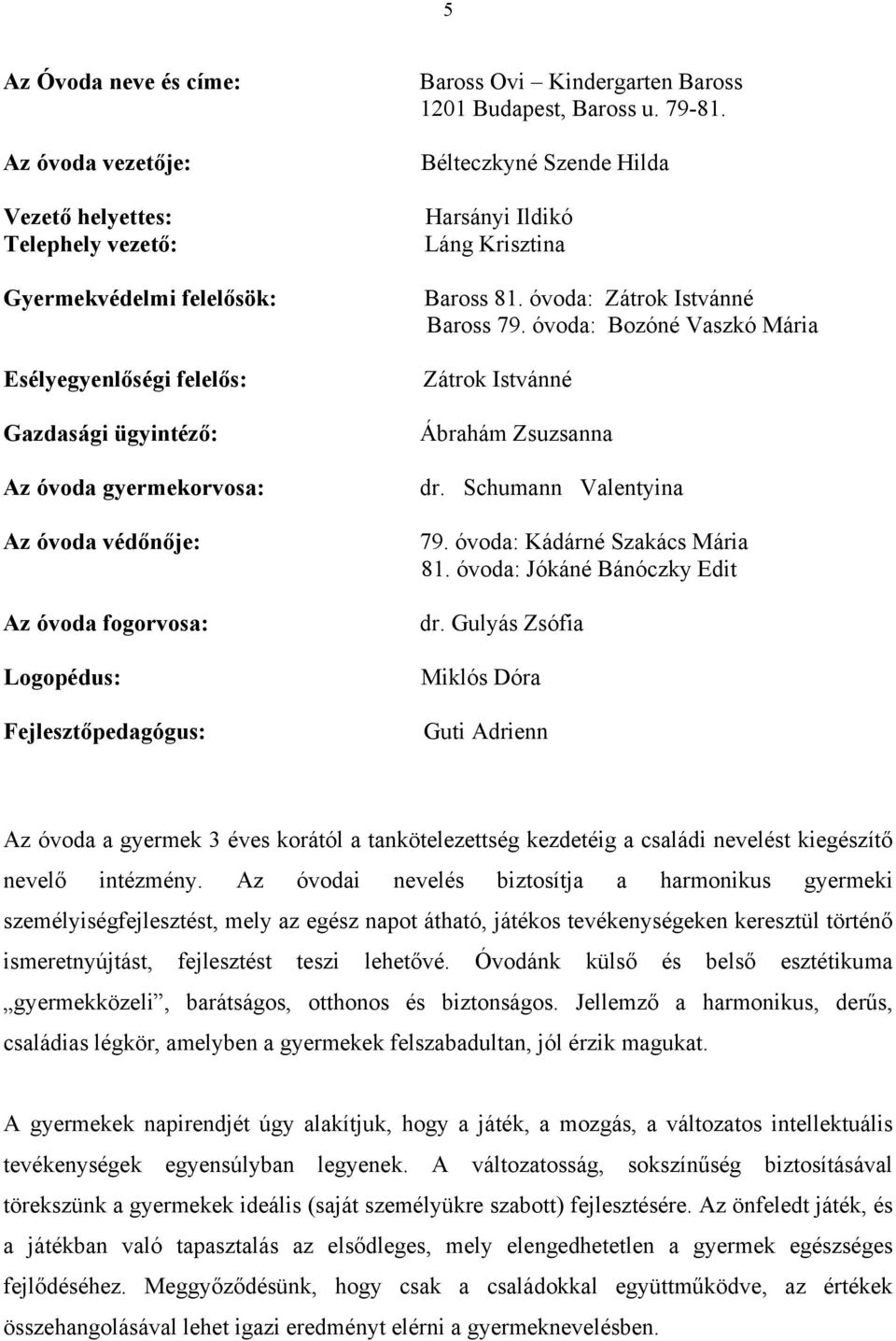 óvoda: Zátrok Istvánné Baross 79. óvoda: Bozóné Vaszkó Mária Zátrok Istvánné Ábrahám Zsuzsanna dr. Schumann Valentyina 79. óvoda: Kádárné Szakács Mária 81. óvoda: Jókáné Bánóczky Edit dr.