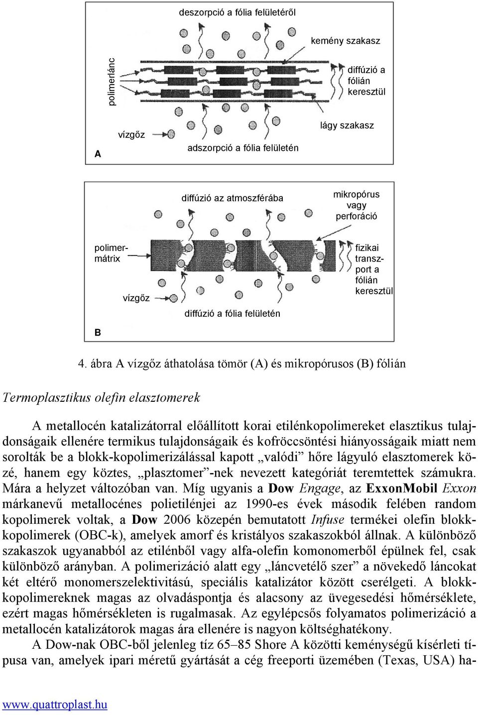 ábra A vízgőz áthatolása tömör (A) és mikropórusos (B) fólián Termoplasztikus olefin elasztomerek A metallocén katalizátorral előállított korai etilénkopolimereket elasztikus tulajdonságaik ellenére