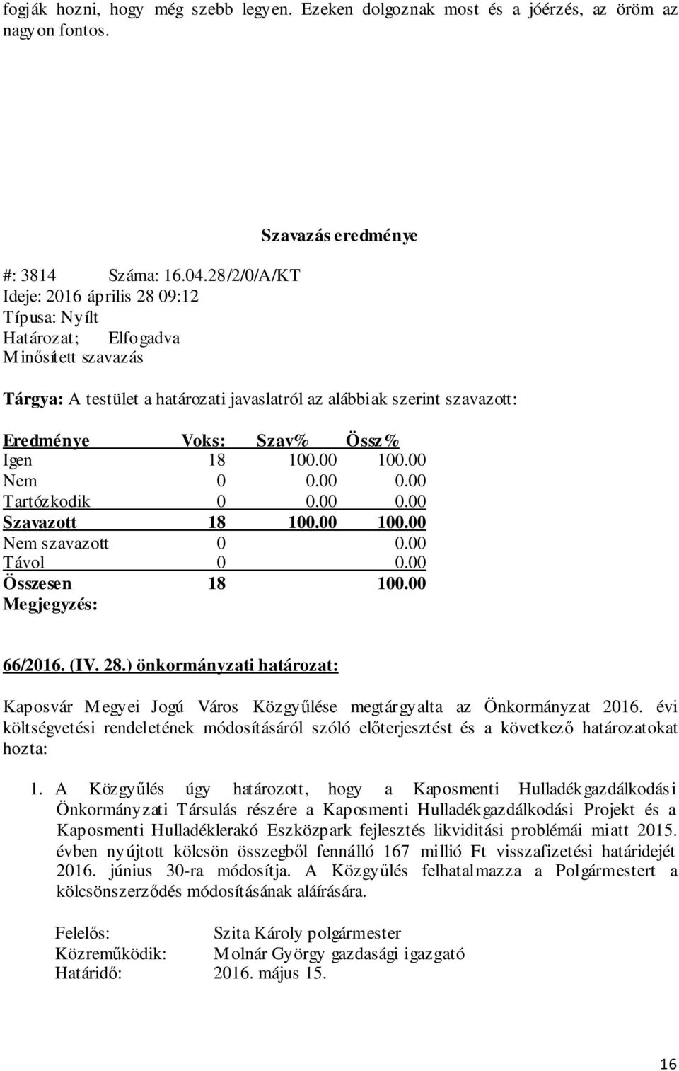 00 100.00 Nem szavazott 0 0.00 66/2016. (IV. 28.) önkormányzati határozat: Kaposvár Megyei Jogú Város Közgyűlése megtárgyalta az Önkormányzat 2016.