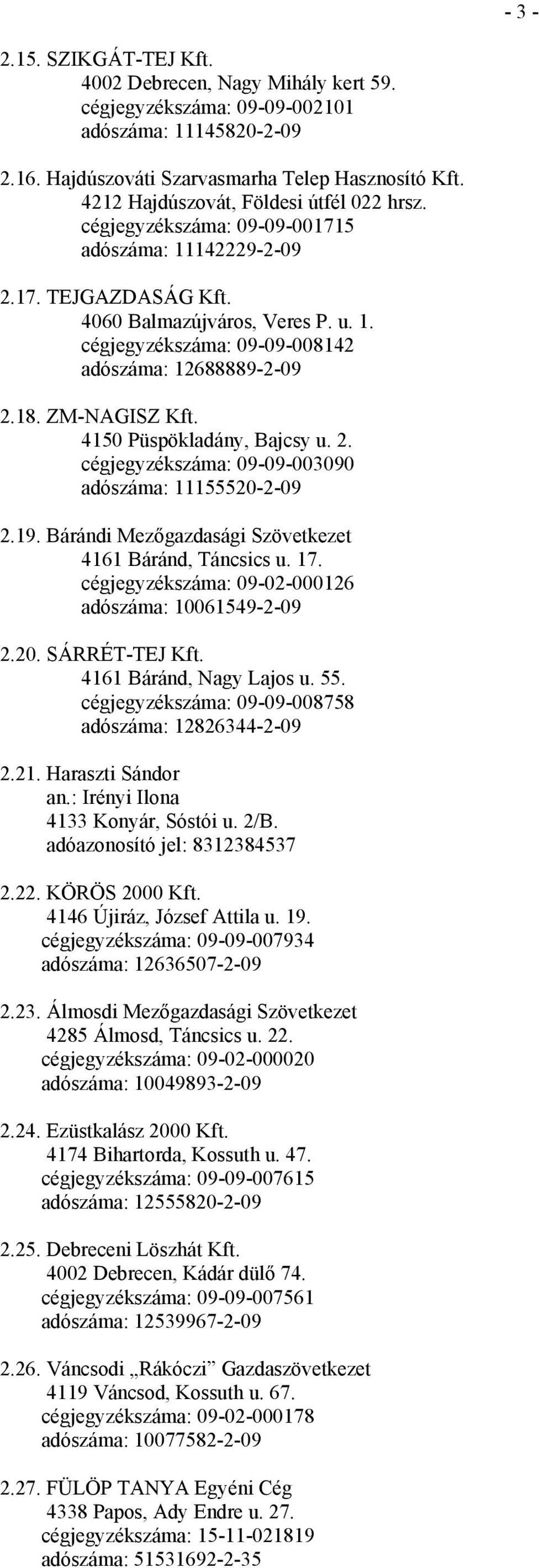 18. ZM-NAGISZ Kft. 4150 Püspökladány, Bajcsy u. 2. cégjegyzékszáma: 09-09-003090 adószáma: 11155520-2-09 2.19. Bárándi Mezőgazdasági Szövetkezet 4161 Báránd, Táncsics u. 17.