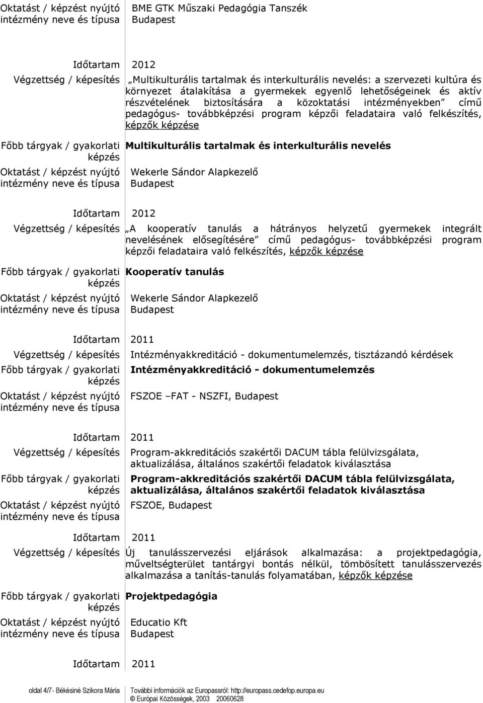 tartalmak és interkulturális nevelés Wekerle Sándor Alapkezelő Időtartam 2012 A kooperatív tanulás a hátrányos helyzetű gyermekek integrált nevelésének elősegítésére című pedagógus- további program