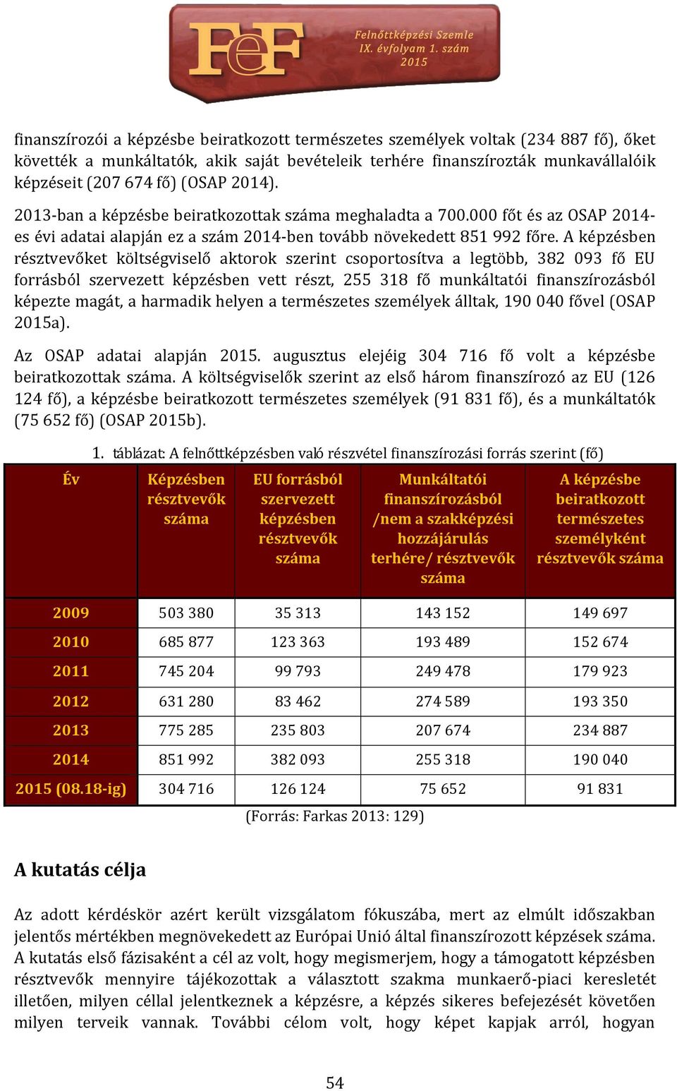 A képzésben résztvevőket költségviselő aktorok szerint csoportosítva a legtöbb, 382 093 fő EU forrásból szervezett képzésben vett részt, 255 318 fő munkáltatói finanszírozásból képezte magát, a