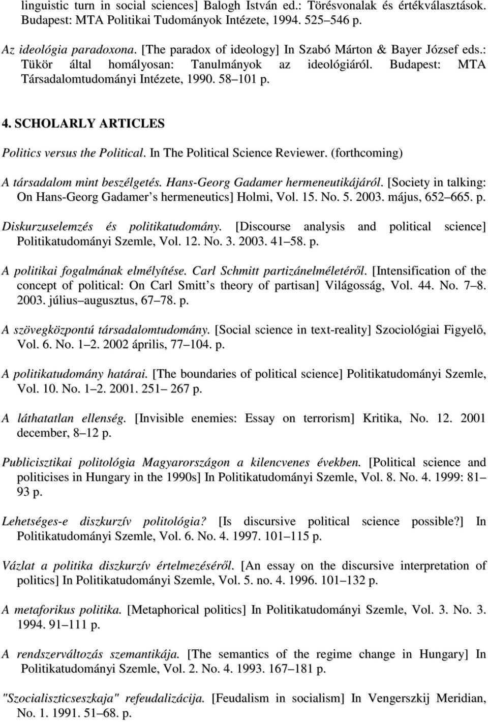 SCHOLARLY ARTICLES Politics versus the Political. In The Political Science Reviewer. (forthcoming) A társadalom mint beszélgetés. Hans-Georg Gadamer hermeneutikájáról.