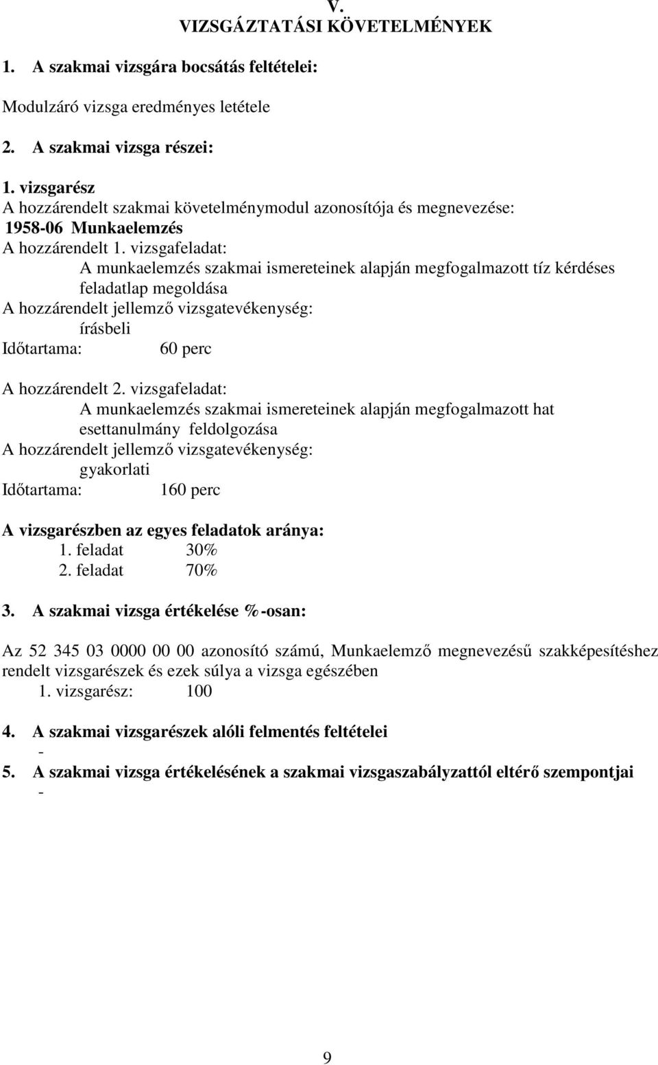 vizsgafeladat: A munkaelemzés szakmai ismereteinek alapján megfogalmazott tíz kérdéses feladatlap megoldása A hozzárendelt jellemző vizsgatevékenység: írásbeli Időtartama: 60 perc A hozzárendelt 2.