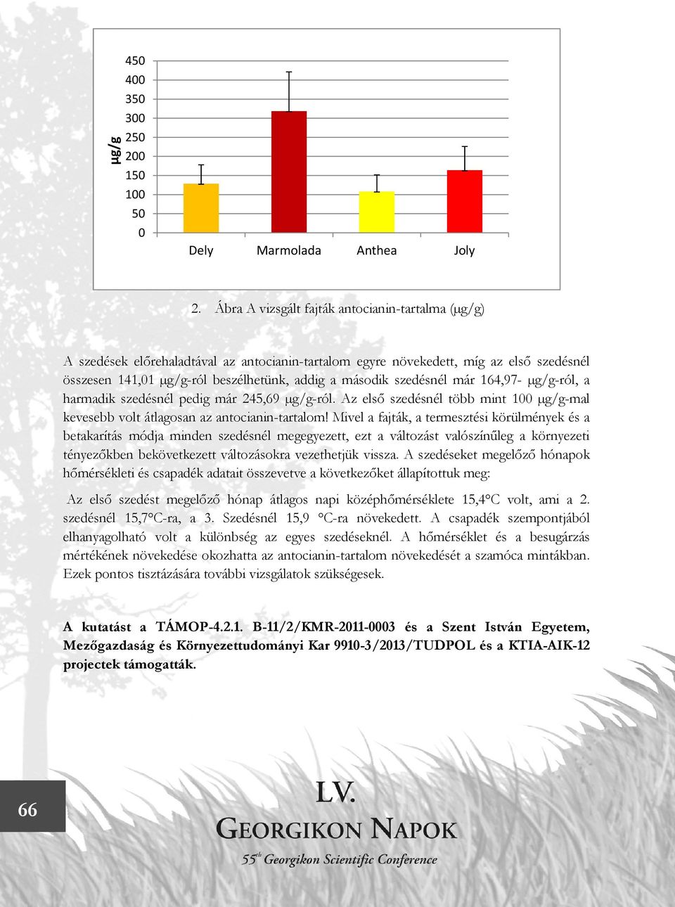 szedésnél már 164,97- µg/g-ról, a harmadik szedésnél pedig már 245,69 µg/g-ról. Az első szedésnél több mint 100 µg/g-mal kevesebb volt átlagosan az antocianin-tartalom!