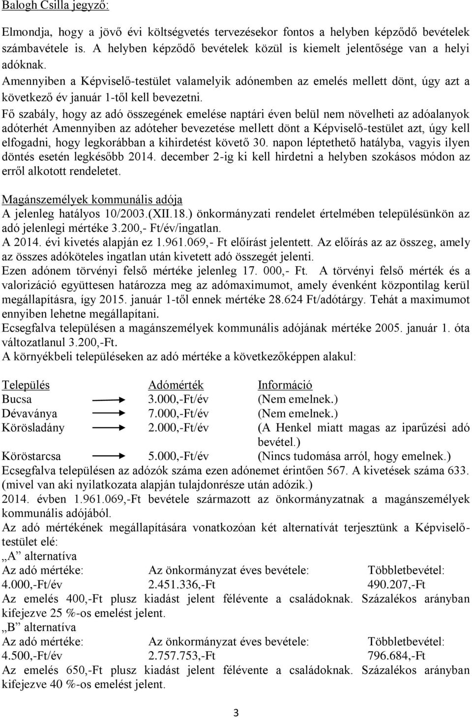 Amennyiben a Képviselő-testület valamelyik adónemben az emelés mellett dönt, úgy azt a következő év január 1-től kell bevezetni.