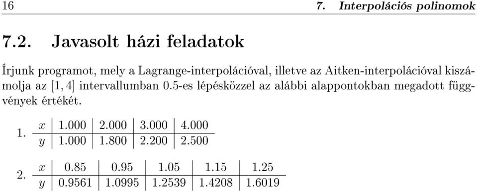 Aitken-interpolációval kiszámolja az [1, 4] intervallumban 0.