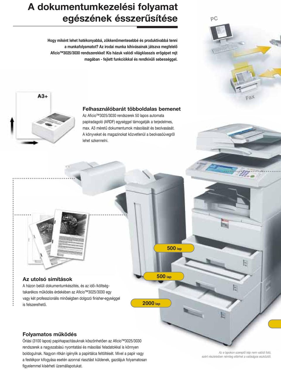 Fax Felhasználóbarát többoldalas bemenet Az Aficio 3025/3030 rendszerek 50 lapos automata papíradagoló (ARDF) egységgel támogatják a terjedelmes, max. A3 méretű dokumentumok másolását és beolvasását.