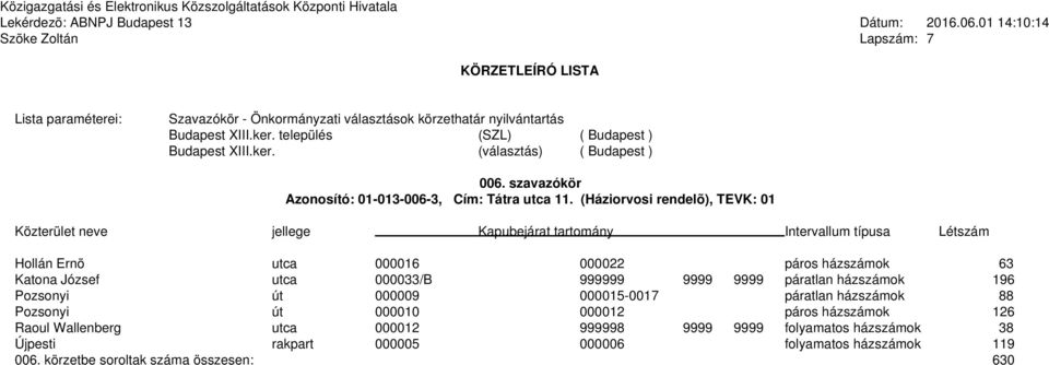 9999 páratlan házszámok 196 Pozsonyi út 000009 000015-0017 páratlan házszámok 88 Pozsonyi út 000010 000012 páros házszámok