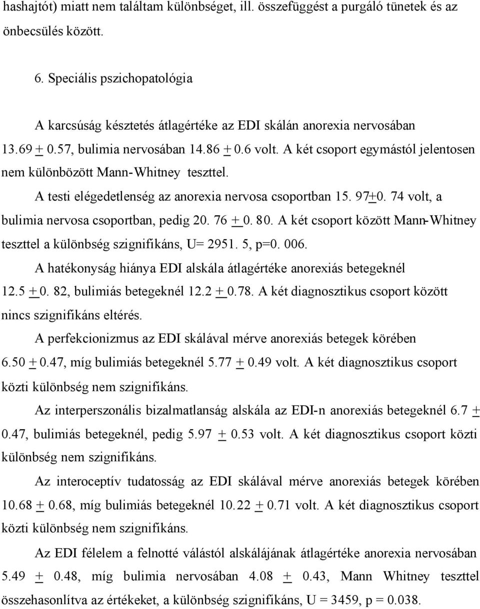 A két csoport egymástól jelentosen nem különbözött Mann-Whitney teszttel. A testi elégedetlenség az anorexia nervosa csoportban 15. 97+0. 74 volt, a bulimia nervosa csoportban, pedig 20. 76 + 0. 80.