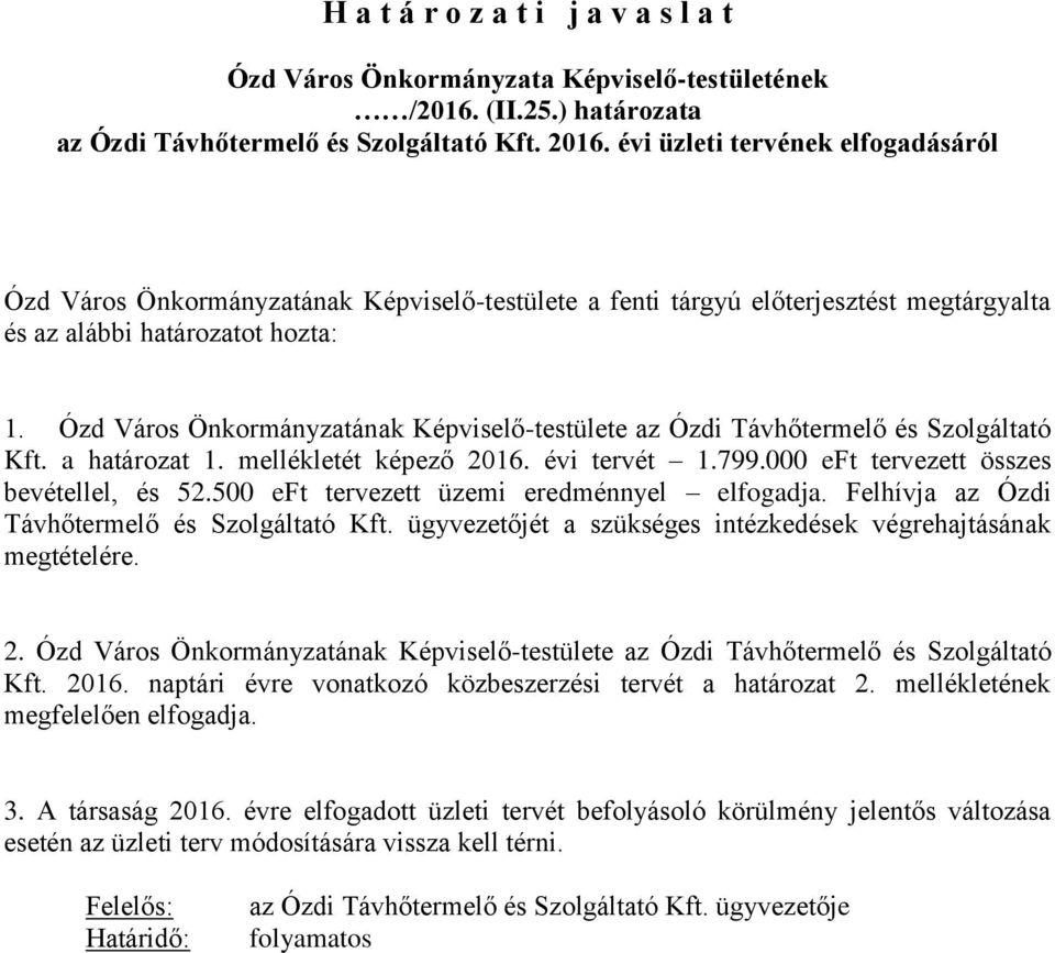 Ózd Város Önkormányzatának Képviselő-testülete az Ózdi Távhőtermelő és Szolgáltató Kft. a határozat 1. mellékletét képező 2016. évi tervét 1.799.000 eft tervezett összes bevétellel, és 52.