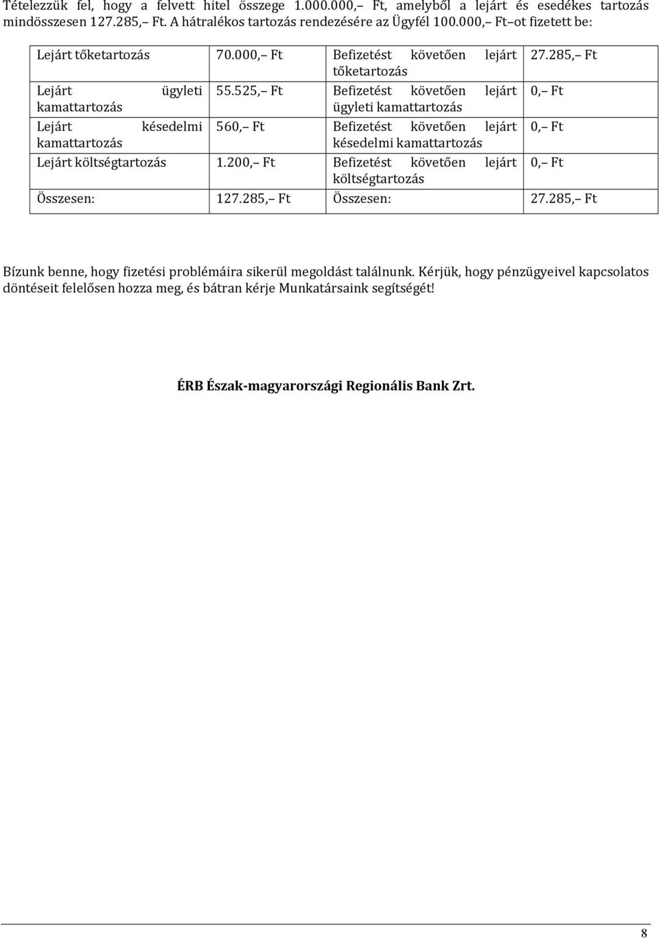 525, Ft Befizetést követően lejárt 0, Ft ügyleti Lejárt késedelmi 560, Ft Befizetést követően lejárt 0, Ft késedelmi Lejárt költségtartozás 1.