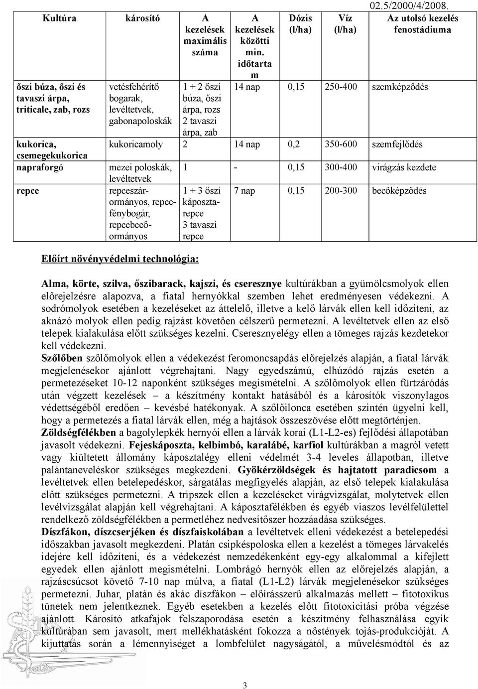 Az utolsó kezelés fenostádiuma 14 nap 0,15 250-400 szemképződés kukoricamoly 2 14 nap 0,2 350-600 szemfejlődés mezei poloskák, levéltetvek 1-0,15 300-400 virágzás kezdete repceszárormányos, 1 + 3