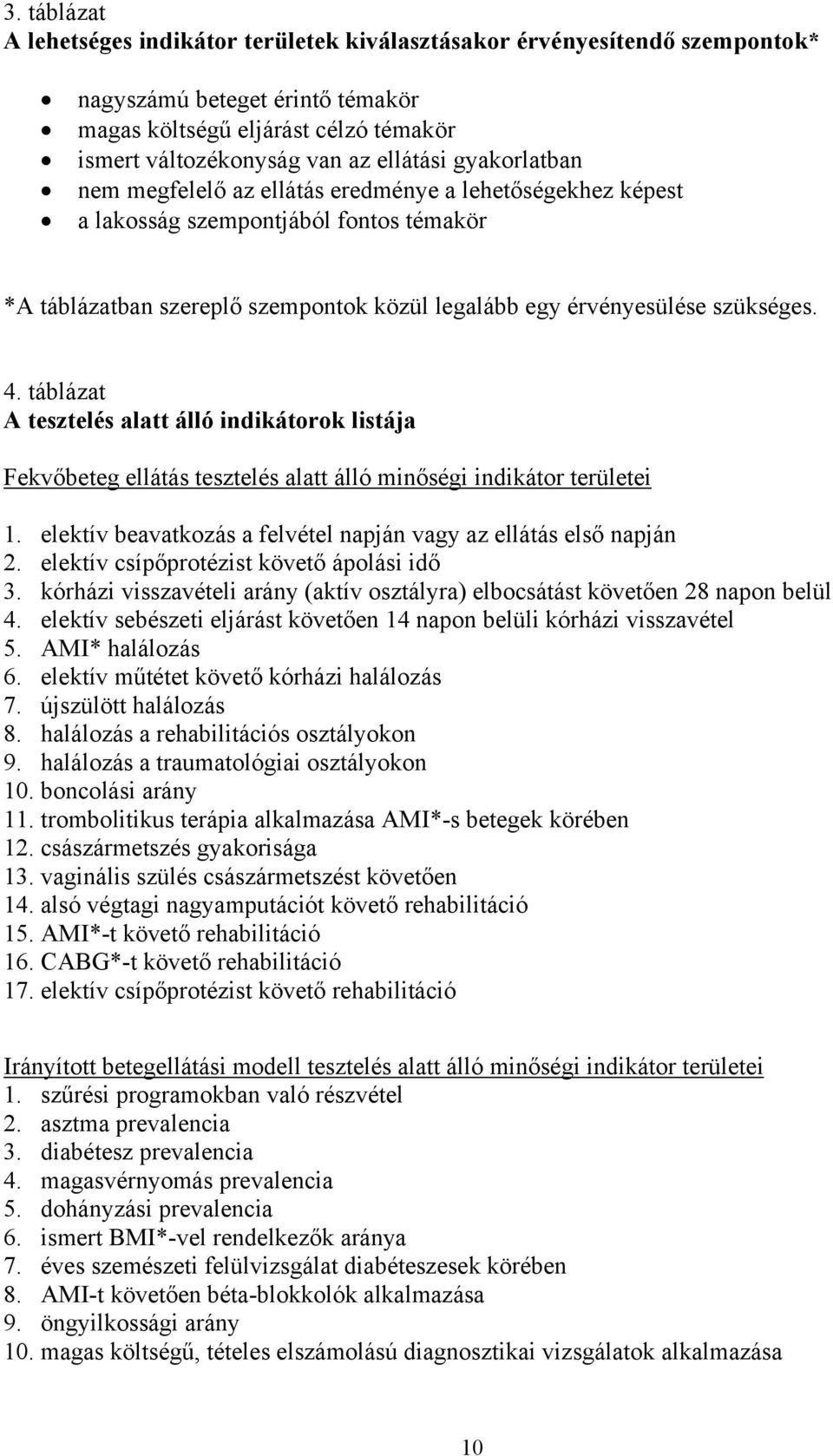 táblázat A tesztelés alatt álló indikátorok listája Fekvőbeteg ellátás tesztelés alatt álló minőségi indikátor területei 1. elektív beavatkozás a felvétel napján vagy az ellátás első napján 2.