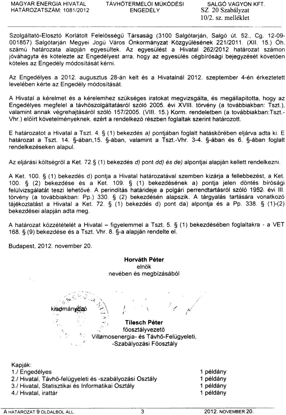 Az egyesülést a Hivatal 262/2012 határozat számon jóváhagyta és kötelezte az Engedélyest arra, hogy az egyesülés cégbírósági bejegyzését követően köteles az Engedély módosítását kérni.