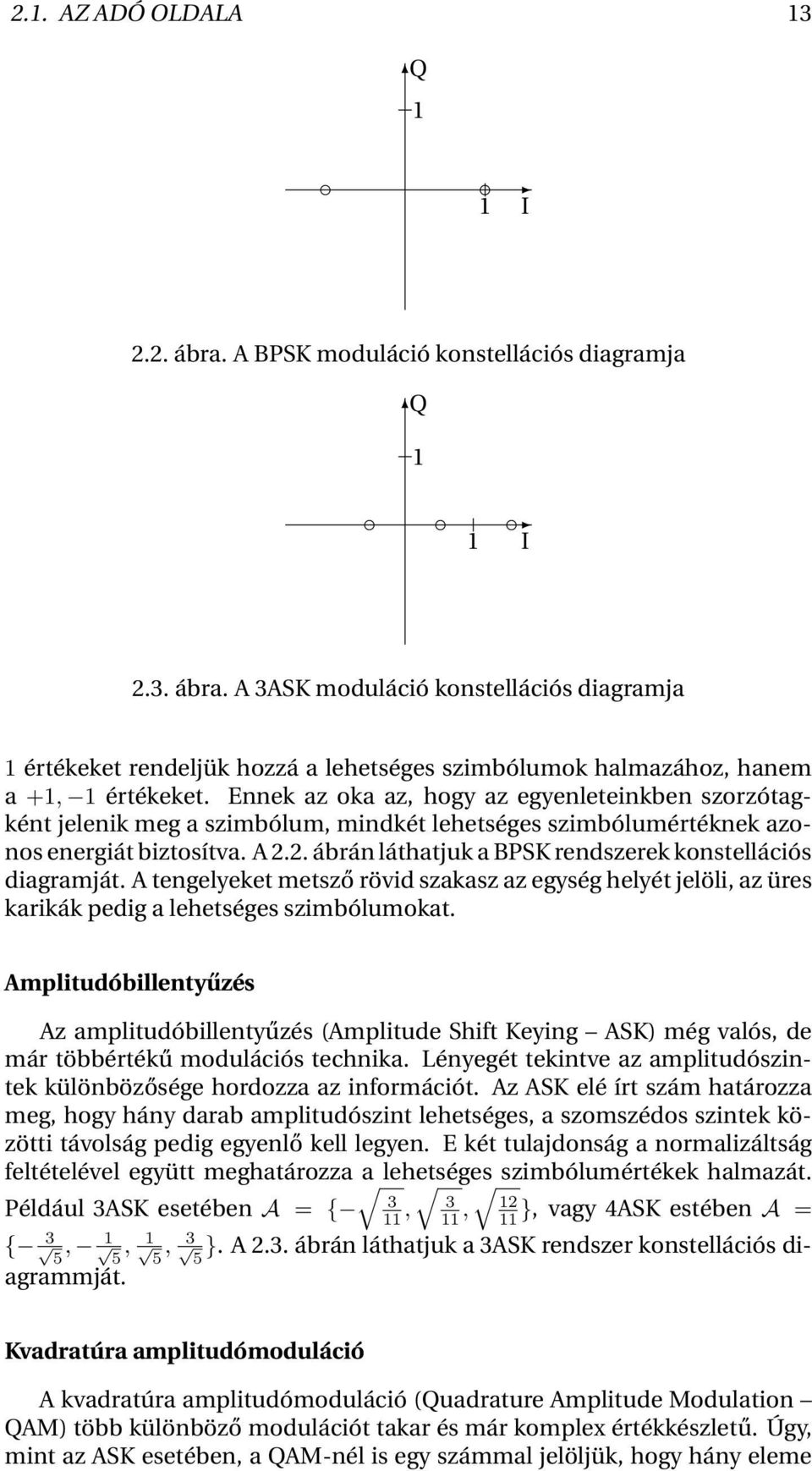 2. ábrán láthatjuk a BPSK rendszerek konstellációs diagramját. A tengelyeket metsző rövid szakasz az egység helyét jelöli, az üres karikák pedig a lehetséges szimbólumokat.