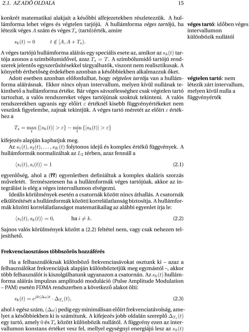 A véges tartójú hullámforma aláírás egy speciális esete az, amikor az s k (t) tartója azonos a szimbólumidővel, azaz T s = T.