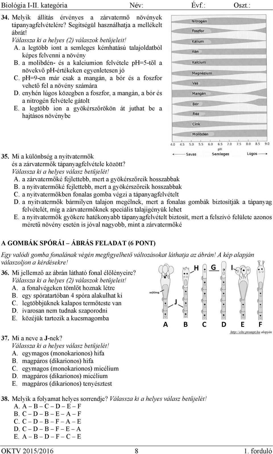 ph=9-en már csak a mangán, a bór és a foszfor vehető fel a növény számára D. enyhén lúgos közegben a foszfor, a mangán, a bór és a nitrogén felvétele gátolt E.