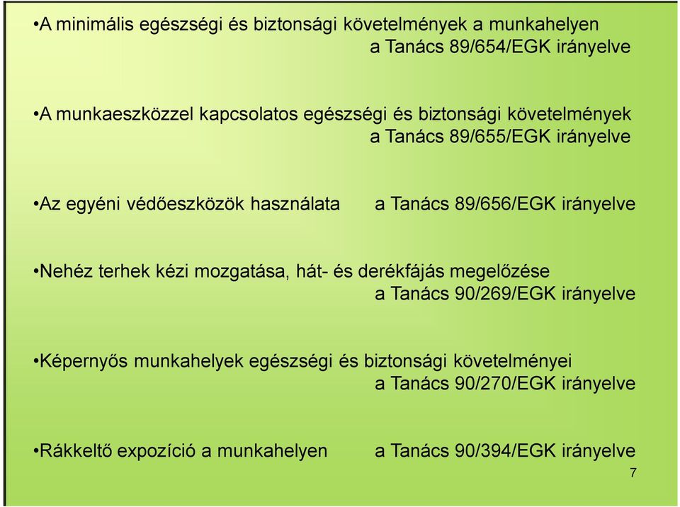 irányelve Nehéz terhek kézi mozgatása, hát- és derékfájás megelőzése a Tanács 90/269/EGK irányelve Képernyős munkahelyek