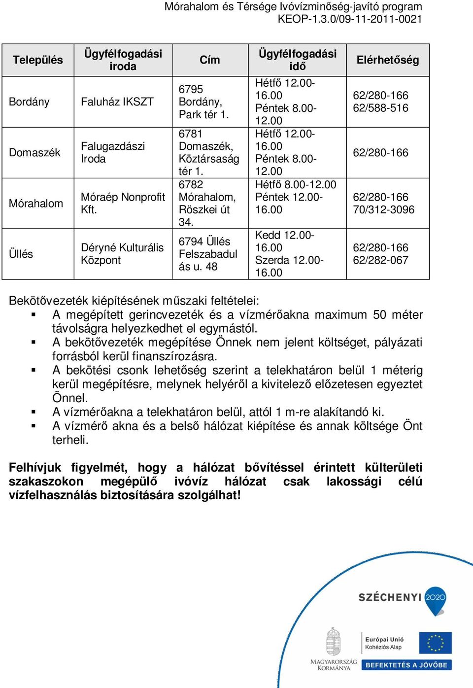 00- Elérhetőség 62/588-516 70/312-3096 62/282-067 Bekötővezeték kiépítésének műszaki feltételei: A megépített gerincvezeték és a vízmérőakna maximum 50 méter távolságra helyezkedhet el egymástól.