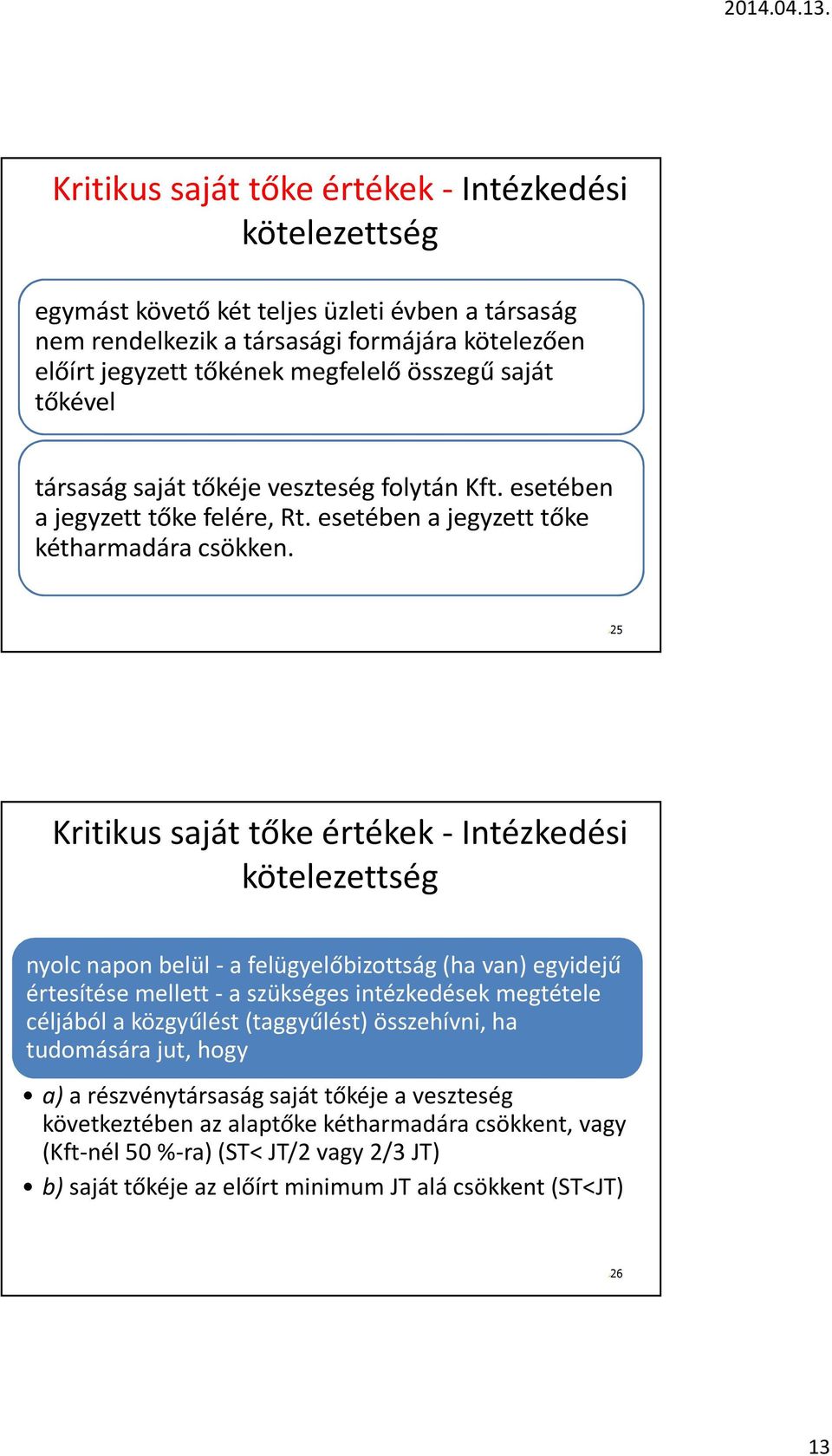 25 Kritikus saját tőke értékek -Intézkedési kötelezettség nyolc napon belül -a felügyelőbizottság (ha van) egyidejű értesítése mellett -a szükséges intézkedések megtétele céljából a közgyűlést