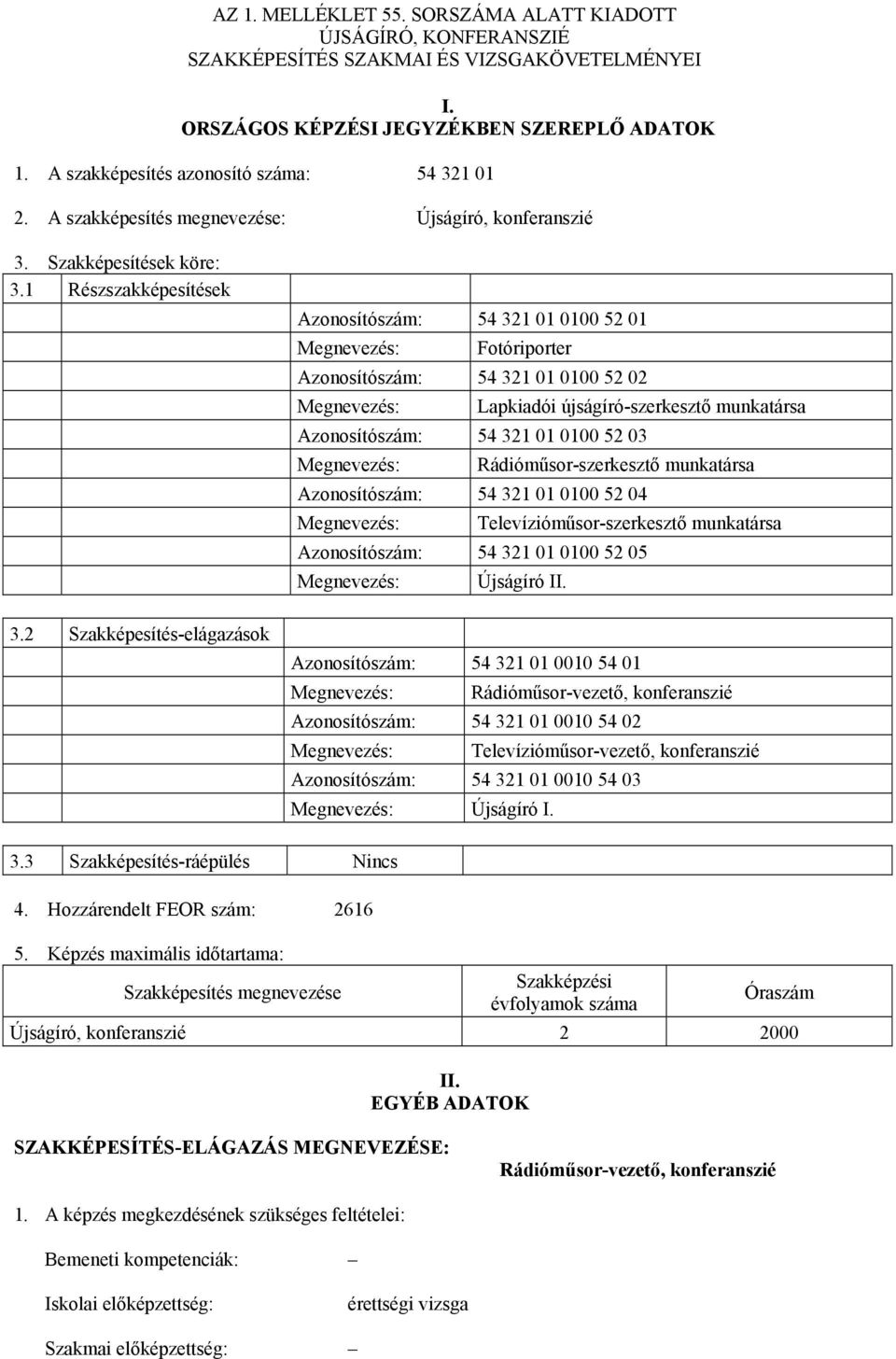 1 Részszakképesítések Azonosítószám: 54 321 01 0100 52 01 Megnevezés: Fotóriporter Azonosítószám: 54 321 01 0100 52 02 Megnevezés: Lapkiadói újságíró-szerkesztő munkatársa Azonosítószám: 54 321 01