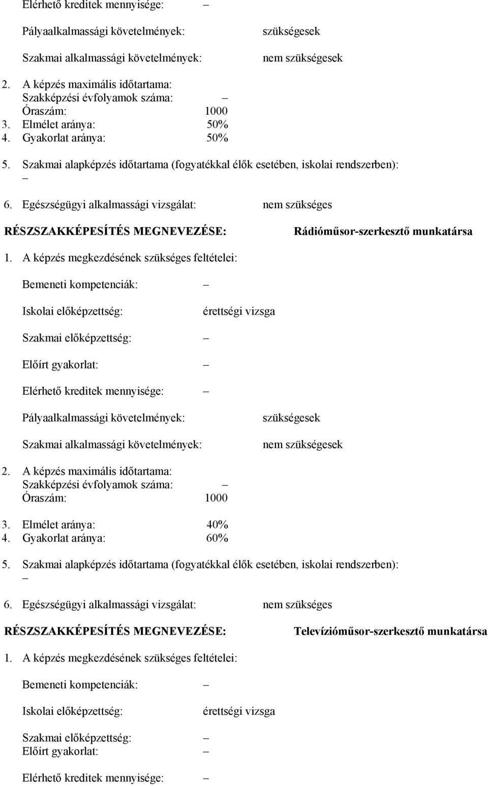 Szakmai alapképzés időtartama (fogyatékkal élők esetében, iskolai rendszerben): 6. Egészségügyi alkalmassági vizsgálat: nem szükséges RÉSZSZAKKÉPESÍTÉS MEGNEVEZÉSE: Rádióműsor-szerkesztő munkatársa 1.