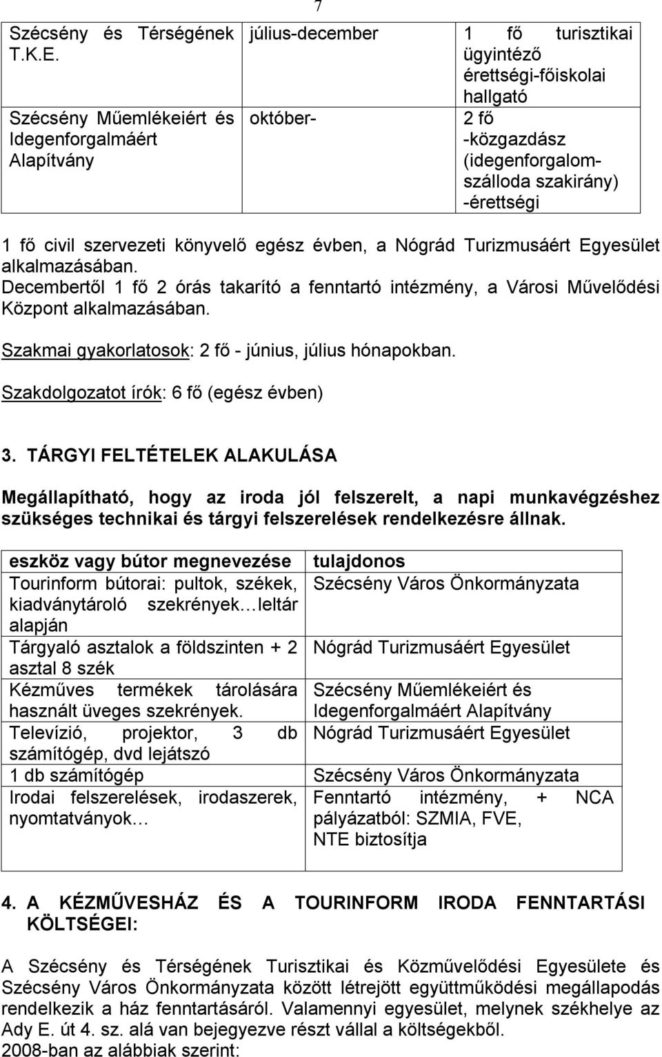 1 fő civil szervezeti könyvelő egész évben, a Nógrád Turizmusáért Egyesület alkalmazásában. Decembertől 1 fő 2 órás takarító a fenntartó intézmény, a Városi Művelődési Központ alkalmazásában.