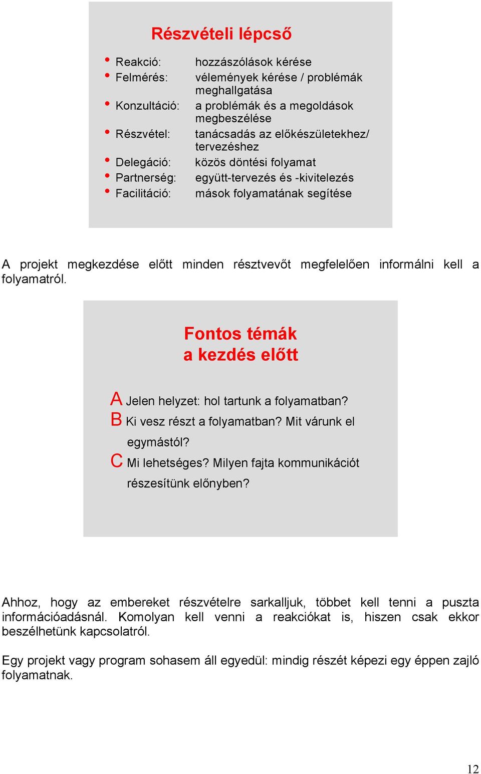 informálni kell a folyamatról. Fontos témák a kezdés előtt A Jelen helyzet: hol tartunk a folyamatban? B Ki vesz részt a folyamatban? Mit várunk el egymástól? C Mi lehetséges?