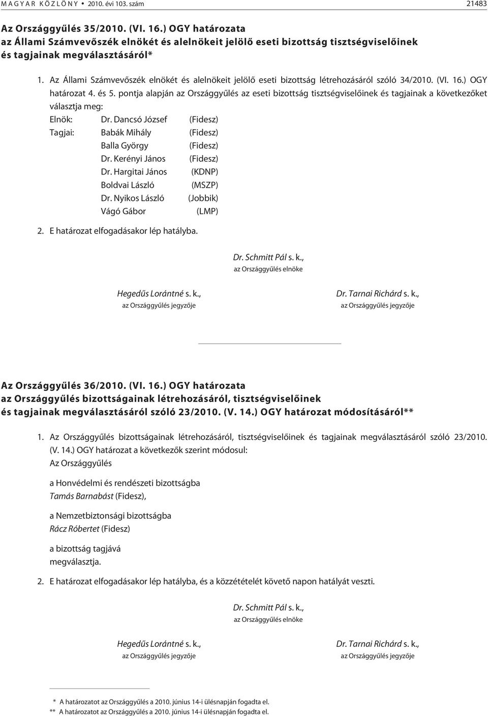 Az Állami Számvevõszék elnökét és alelnökeit jelölõ eseti bizottság létrehozásáról szóló 34/2010. (VI. 16.) OGY 4. és 5.