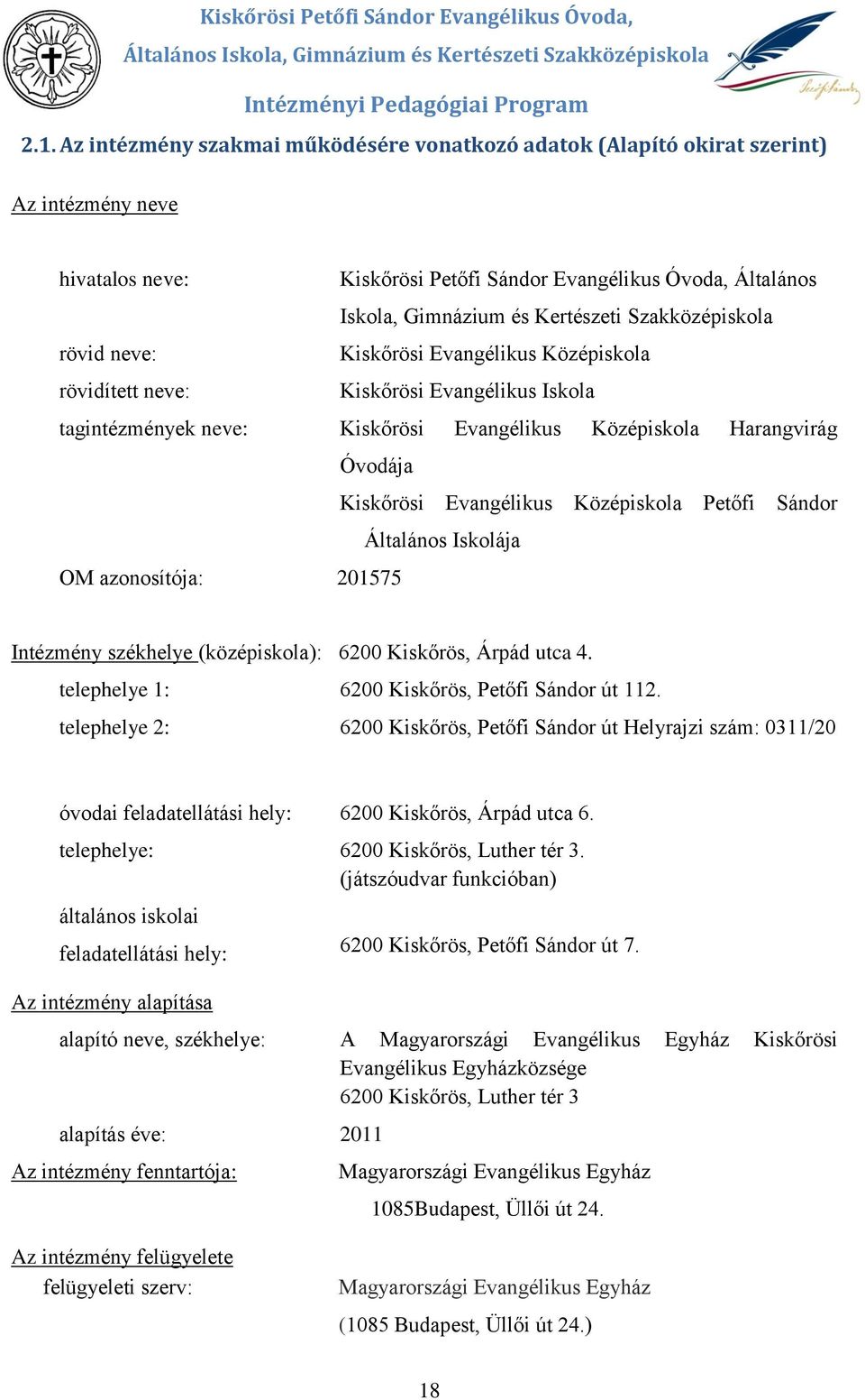 rövid neve: Kiskőrösi Evangélikus Középiskla rövidített neve: Kiskőrösi Evangélikus Iskla tagintézmények neve: Kiskőrösi Evangélikus Középiskla Harangvirág Óvdája Kiskőrösi Evangélikus Középiskla