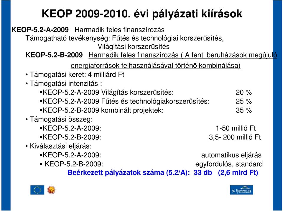 2-A-2009 Világítás korszerősítés: 20 % KEOP-5.2-A-2009 Főtés és technológiakorszerősítés: 25 % KEOP-5.2-B-2009 kombinált projektek: 35 % Támogatási összeg: KEOP-5.