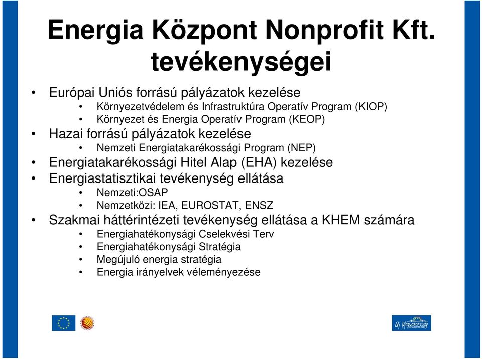 Program (KEOP) Hazai forrású pályázatok kezelése Nemzeti Energiatakarékossági Program (NEP) Energiatakarékossági Hitel Alap (EHA) kezelése