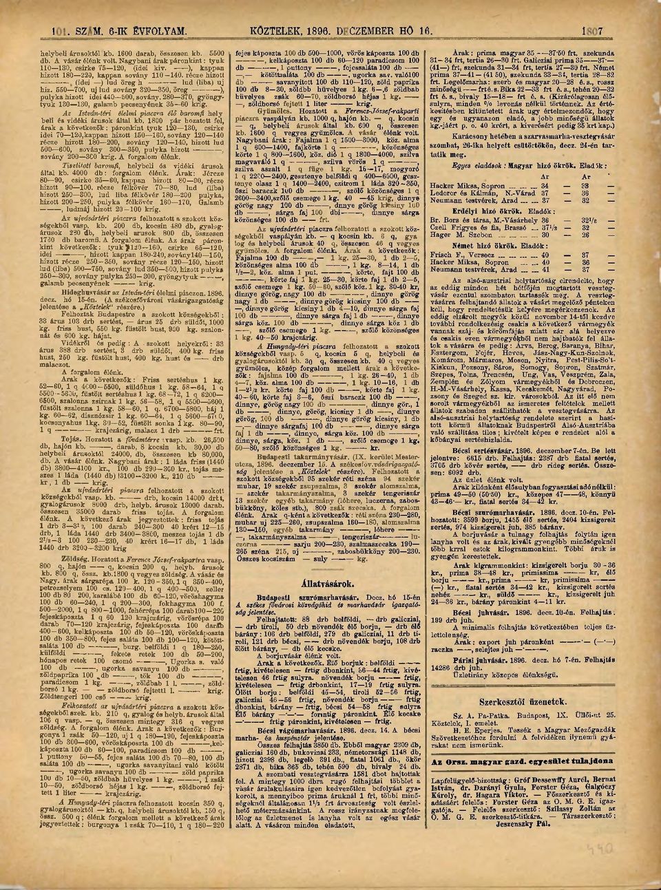 550 700, uj lud sovány 320 350, öreg ), pulyka hizott idei 440 500, sovány. 280 370, gyöngytyúk 130 130, galamb pecsenyének 35 60 krig.